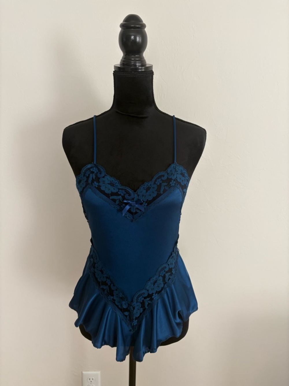 Vtg Silky Navy Blue Lace Trim Slip Romper